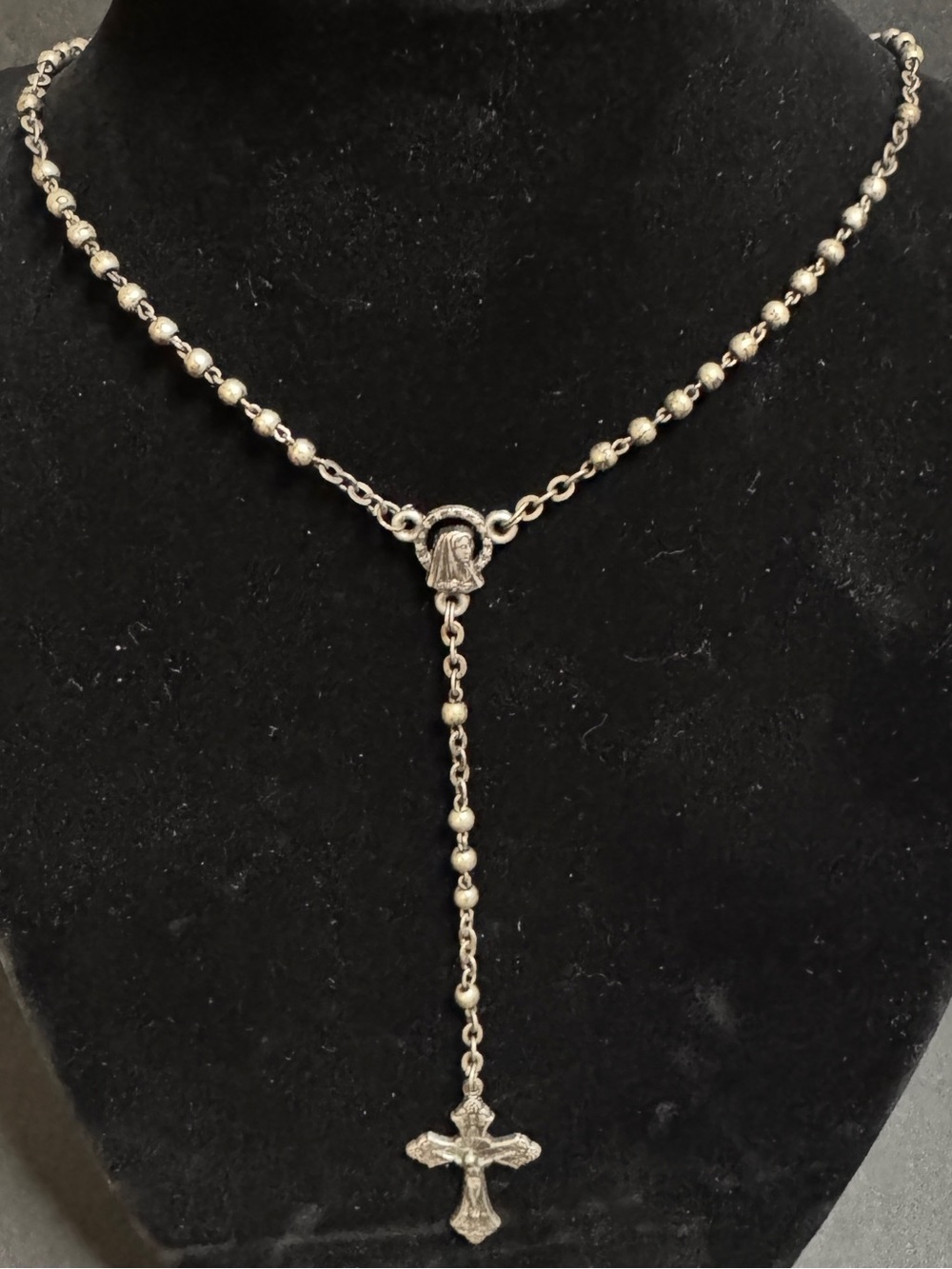 Delicate Silver-Tone Rosary Drop Necklace